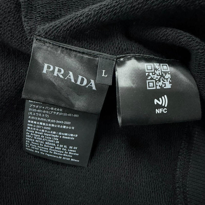 Great PRADA hoodie Re-Nylon logo print black cotton mens L UJL203
