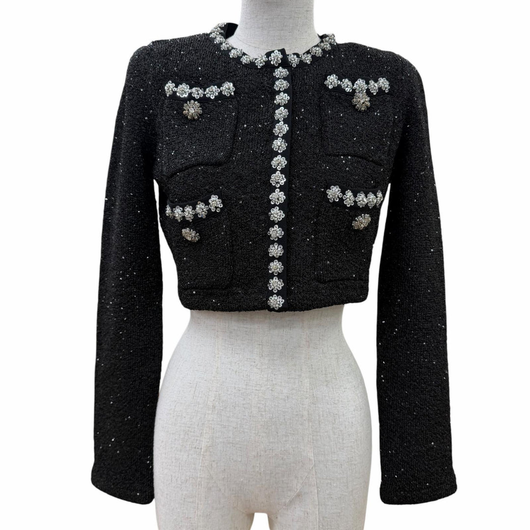 Excellent SELF PORTRAIT collarless jacket Tweed rhinestone cropped pants black S