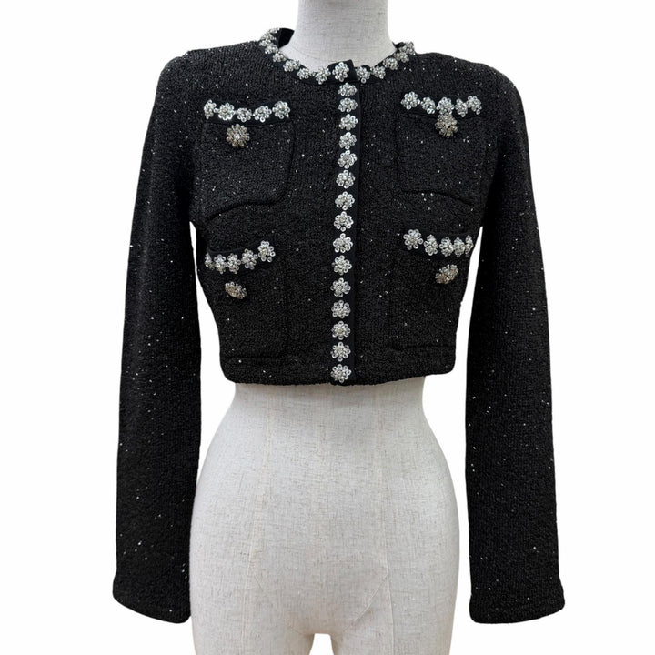 Excellent SELF PORTRAIT collarless jacket Tweed rhinestone cropped pants black S