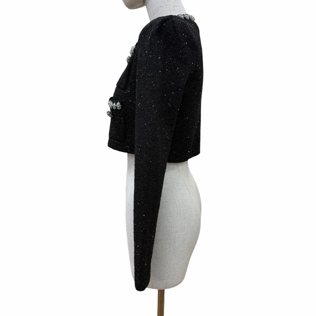 Excellent SELF PORTRAIT collarless jacket Tweed rhinestone cropped pants black S