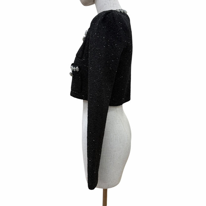 Excellent SELF PORTRAIT collarless jacket Tweed rhinestone cropped pants black S