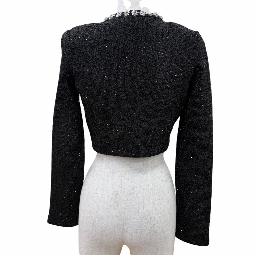 Excellent SELF PORTRAIT collarless jacket Tweed rhinestone cropped pants black S