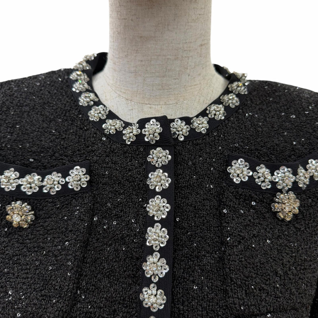 Excellent SELF PORTRAIT collarless jacket Tweed rhinestone cropped pants black S