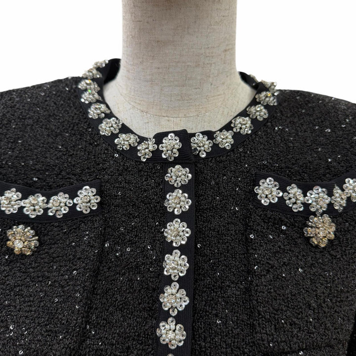 Excellent SELF PORTRAIT collarless jacket Tweed rhinestone cropped pants black S