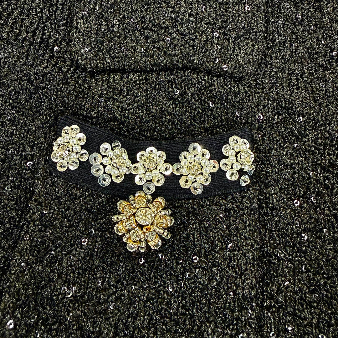 Excellent SELF PORTRAIT collarless jacket Tweed rhinestone cropped pants black S