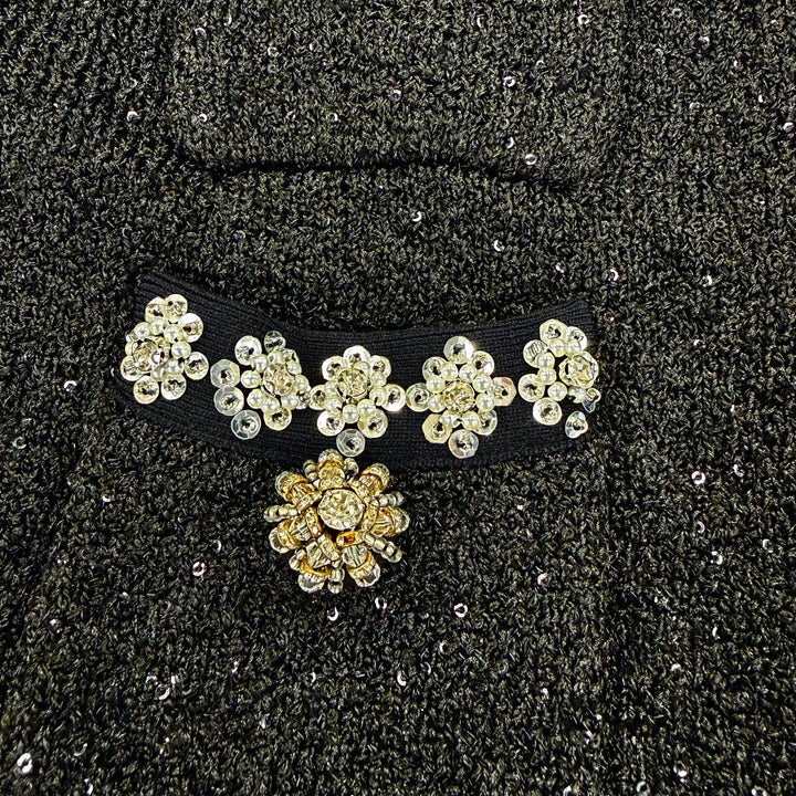 Excellent SELF PORTRAIT collarless jacket Tweed rhinestone cropped pants black S