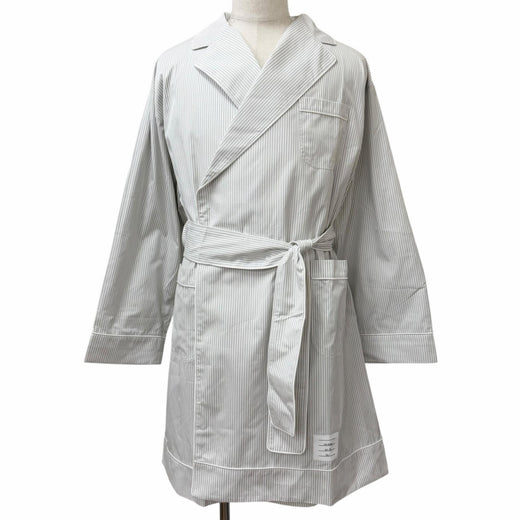 Pristine THOM BROWNE coat Striped Pattern Belted Gown gray cotton mens