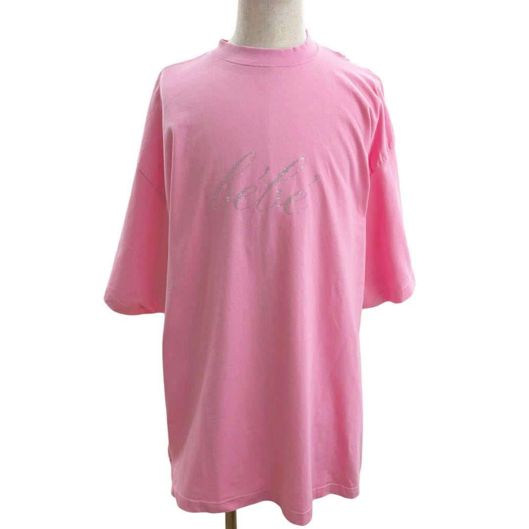 Pristine BALENCIAGA Short sleeve T-shirt Rhinestone Gathered Oversized pink