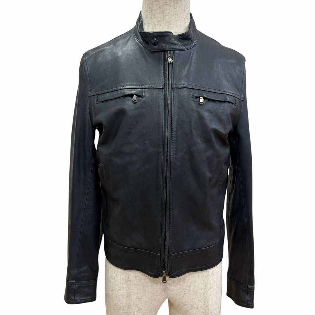 Great EMMETI leather jacket SAMUELE Stand collar Dark navy Lamb