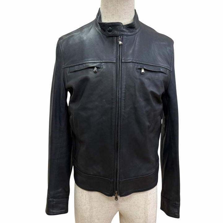 Great EMMETI leather jacket SAMUELE Stand collar Dark navy Lamb