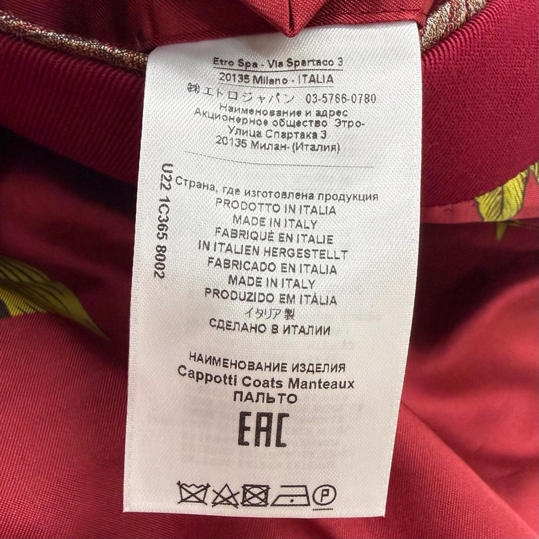 Excellent ETRO Chester coat Jungle print lining Bordeaux wool mens 50