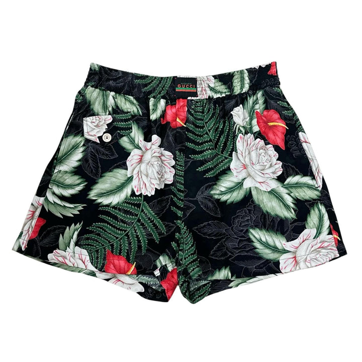 Great GUCCI Pants Logo Button Hawaiian Print Shorts green silk Women 38 619508