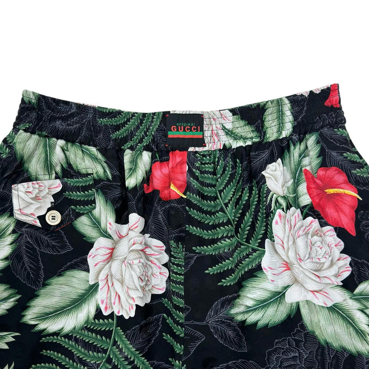Great GUCCI Pants Logo Button Hawaiian Print Shorts green silk Women 38 619508
