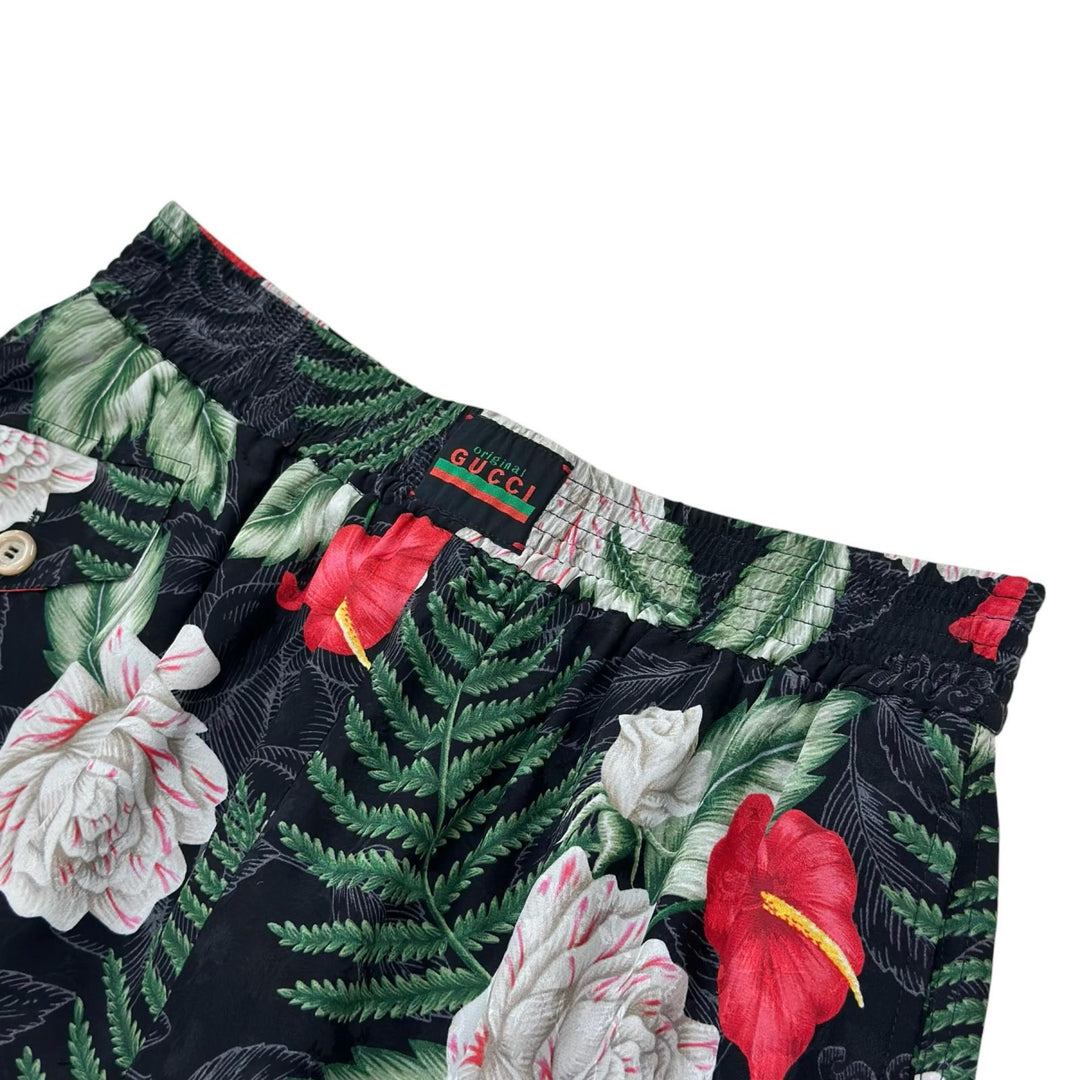 Great GUCCI Pants Logo Button Hawaiian Print Shorts green silk Women 38 619508
