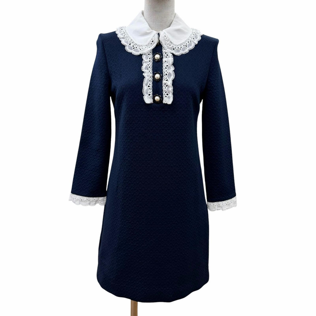 Excellent MIUMIU one piece Lace design Long sleeves Navy cotton Women S MJA798