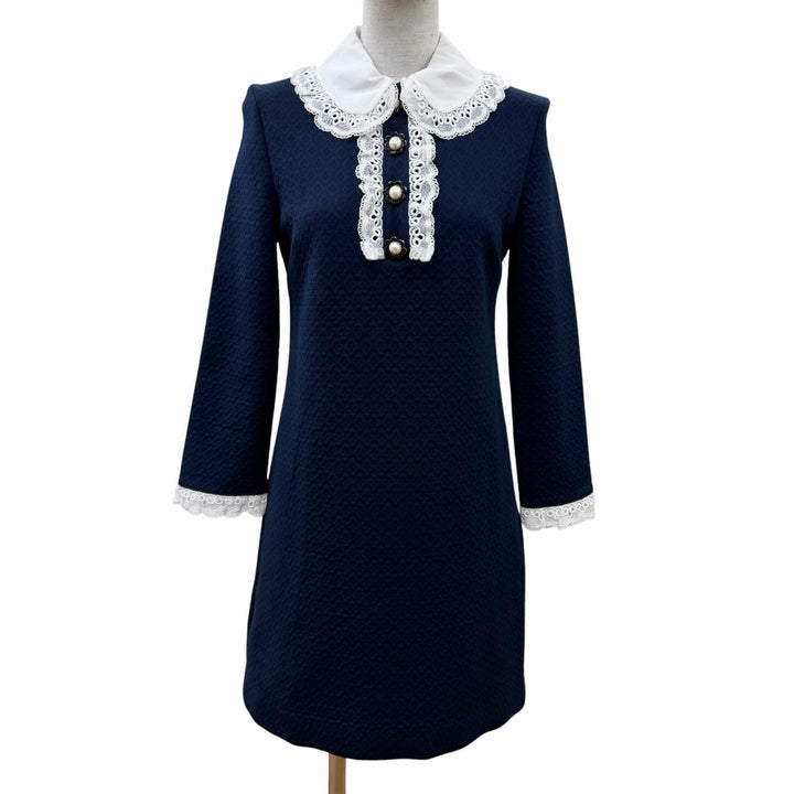 Excellent MIUMIU one piece Lace design Long sleeves Navy cotton Women S MJA798