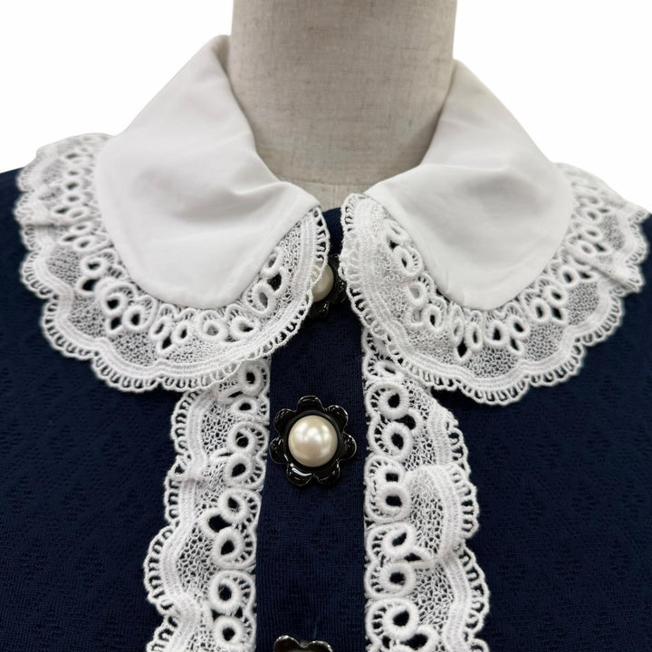 Excellent MIUMIU one piece Lace design Long sleeves Navy cotton Women S MJA798