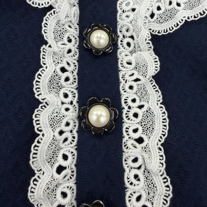 Excellent MIUMIU one piece Lace design Long sleeves Navy cotton Women S MJA798