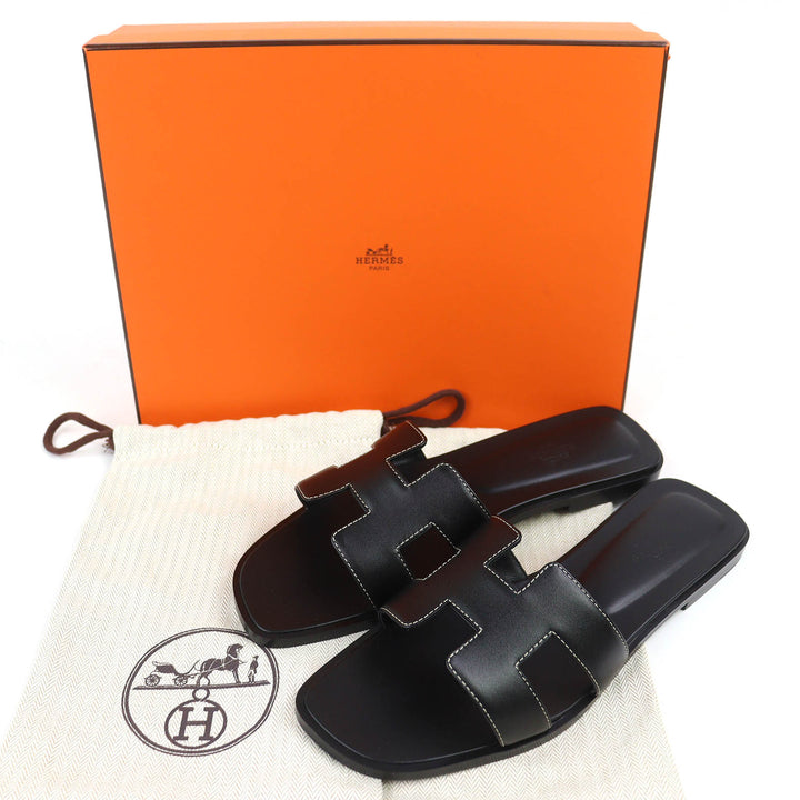 Pristine HERMES Mule Oran H-motif flat sandals Box scarf Leather 38.5 H021056Z