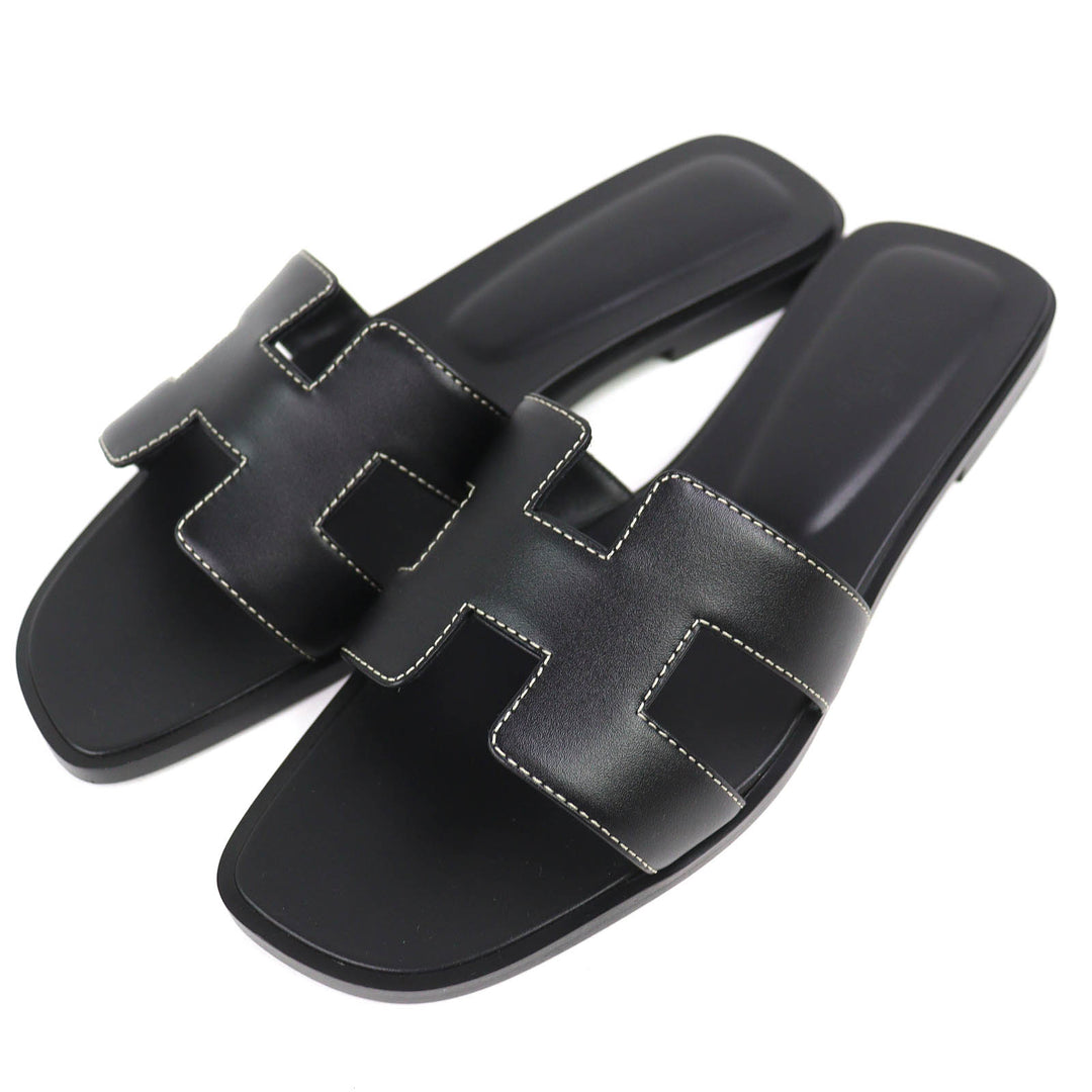 Pristine HERMES Mule Oran H-motif flat sandals Box scarf Leather 38.5 H021056Z