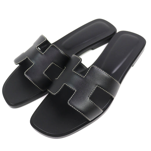 Pristine HERMES Mule Oran H-motif flat sandals Box scarf Leather 38.5 H021056Z