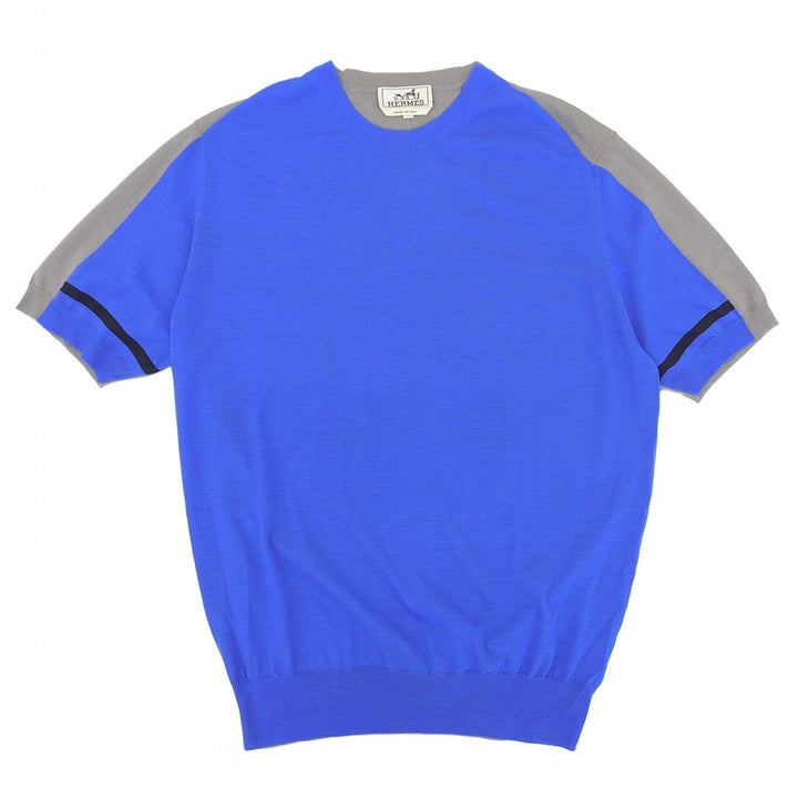 Excellent HERMES Short sleeve knit Crew neck, two-tone, fine gauge blue wool M