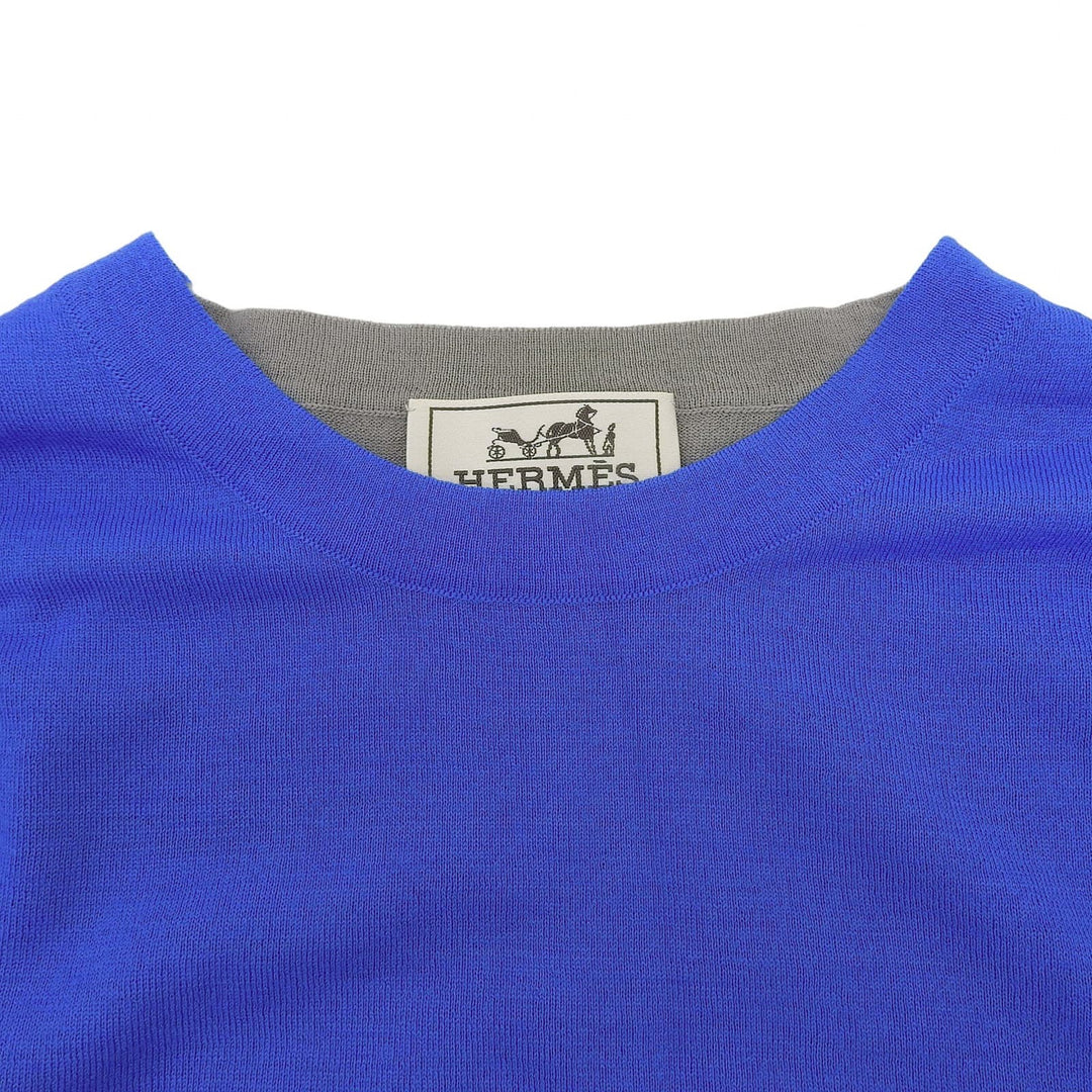 Excellent HERMES Short sleeve knit Crew neck, two-tone, fine gauge blue wool M
