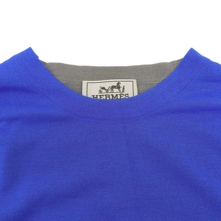 Excellent HERMES Short sleeve knit Crew neck, two-tone, fine gauge blue wool M