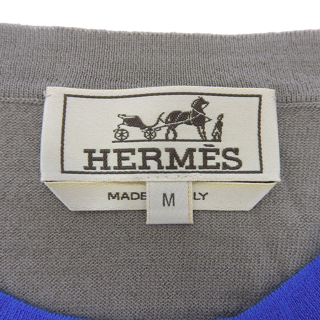 Excellent HERMES Short sleeve knit Crew neck, two-tone, fine gauge blue wool M