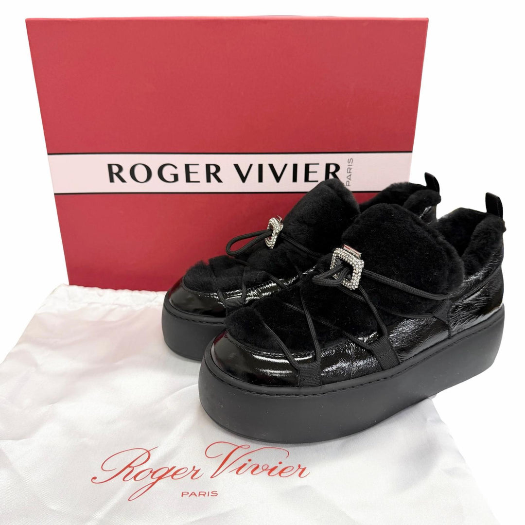 Great ROGER VIVIER sneakers Vive Up Shearling Strass Buckle Patent leather 37.5