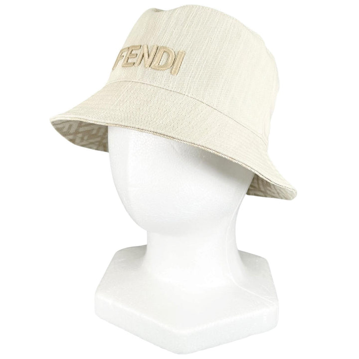 Great FENDI hat FF logo embroidered reversible ZUCCA Pattern bucket bag Ivory