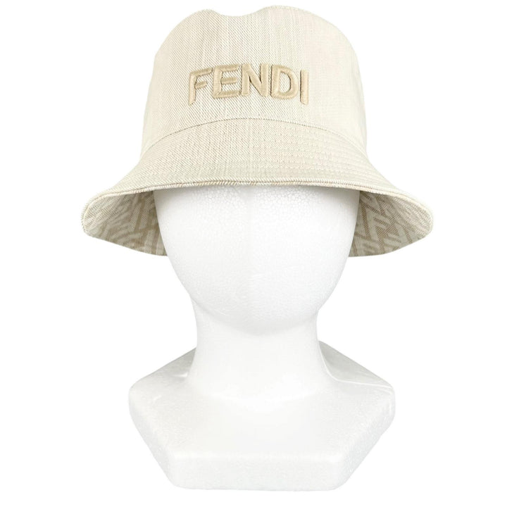 Great FENDI hat FF logo embroidered reversible ZUCCA Pattern bucket bag Ivory