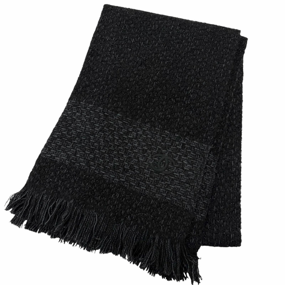 Great CHANEL Scarf COCO Mark Embroidered Large Shawl black cashmere