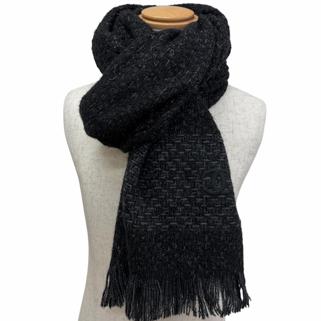 Great CHANEL Scarf COCO Mark Embroidered Large Shawl black cashmere