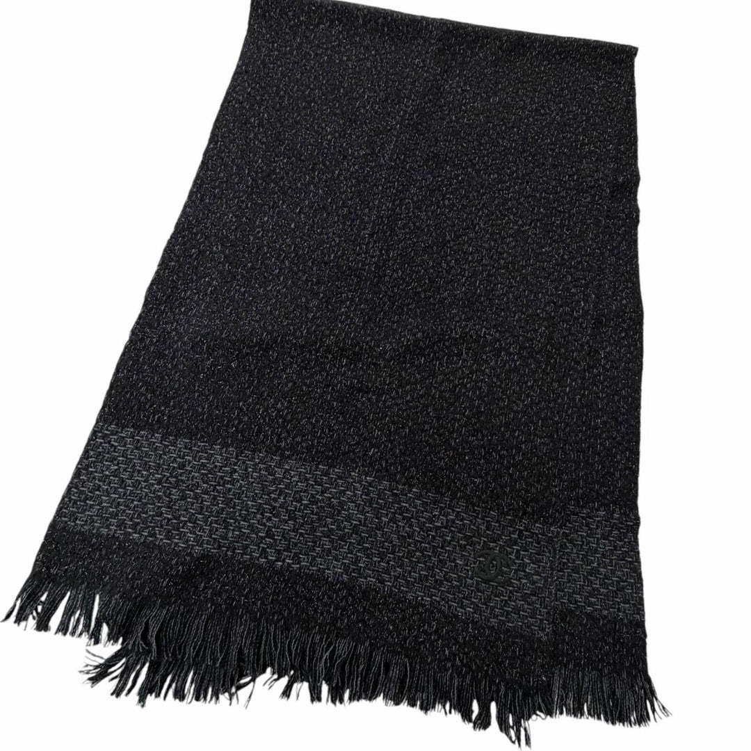 Great CHANEL Scarf COCO Mark Embroidered Large Shawl black cashmere