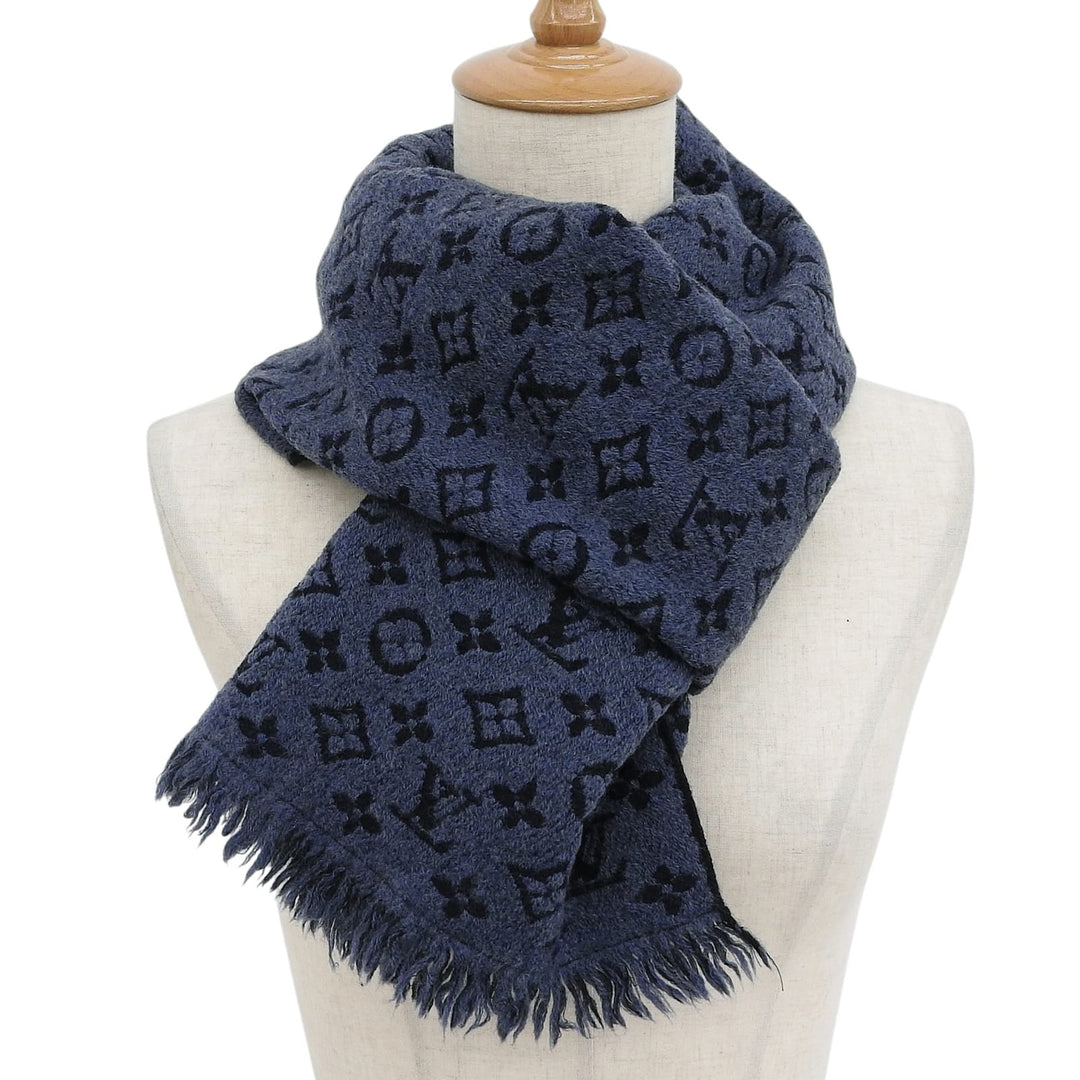Great LOUIS VUITTON Scarf Escalp Monogram Classic fringe Navy wool Women M78525