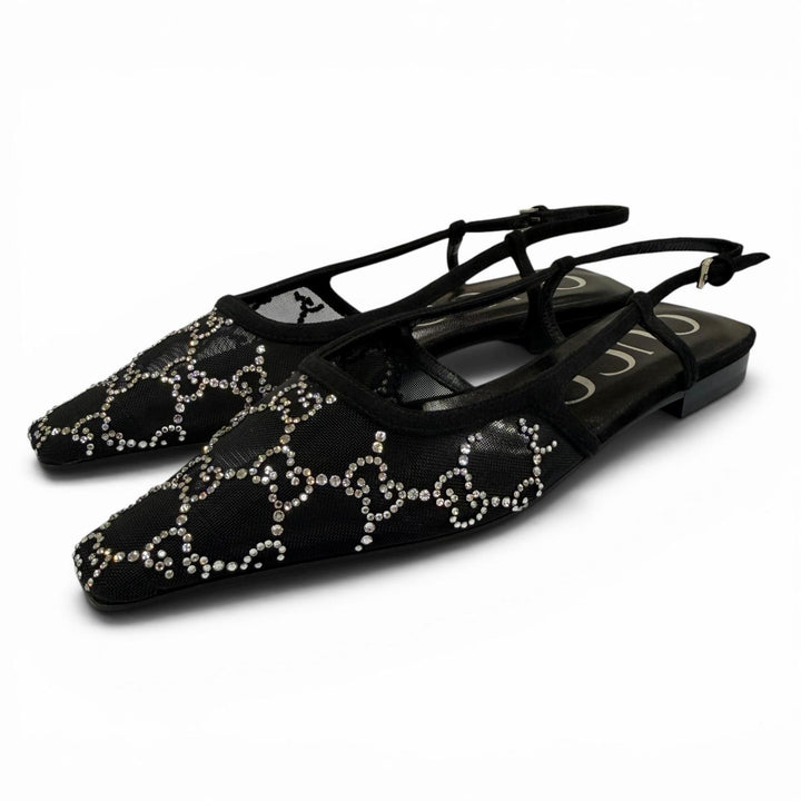 Pristine GUCCI pumps GG Crystal Slingback Flats black ー Women 35.5 771662