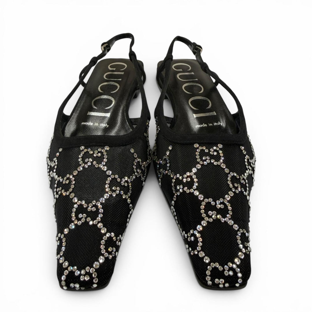 Pristine GUCCI pumps GG Crystal Slingback Flats black ー Women 35.5 771662