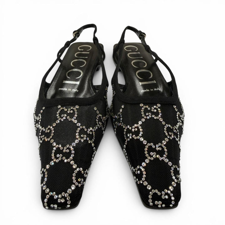Pristine GUCCI pumps GG Crystal Slingback Flats black ー Women 35.5 771662