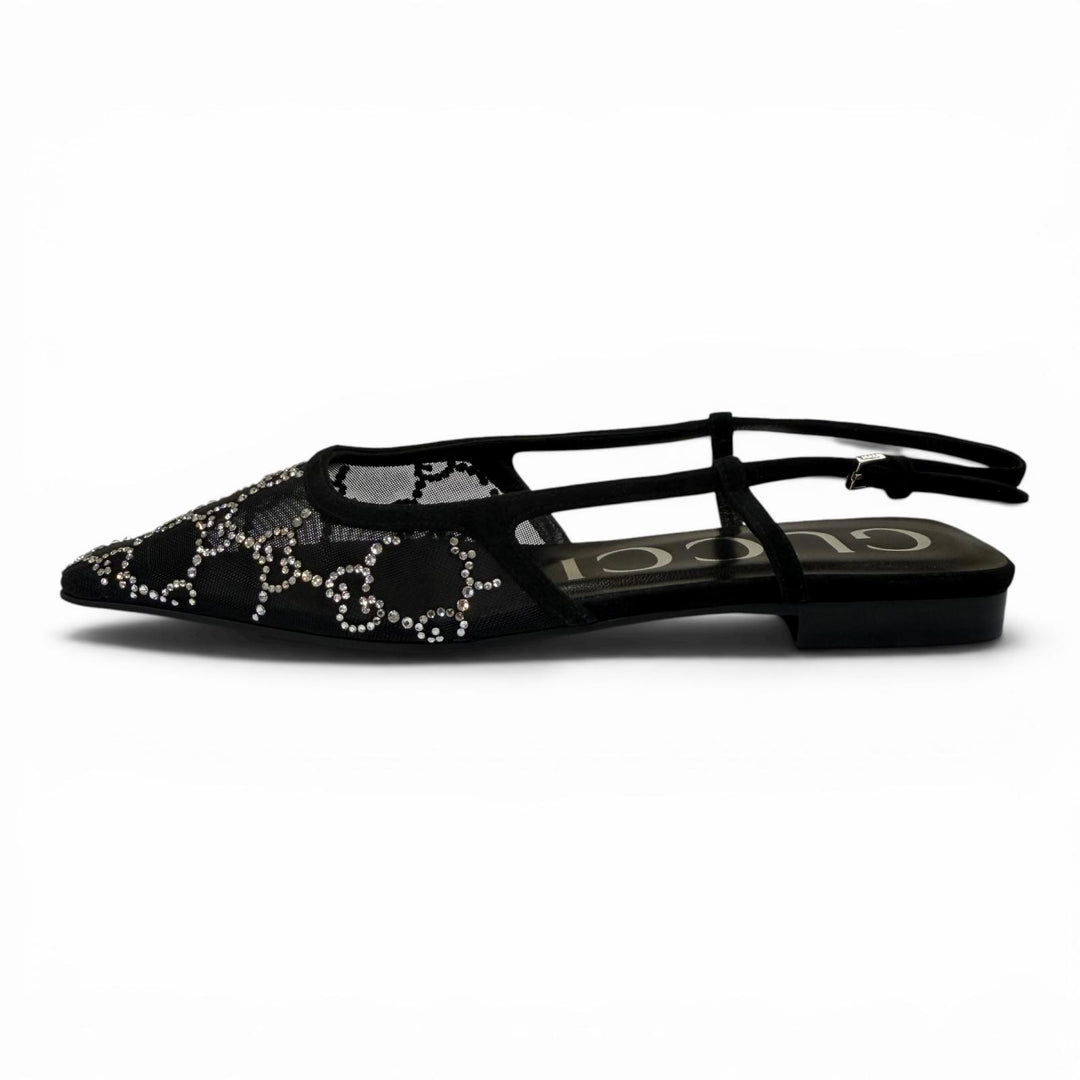 Pristine GUCCI pumps GG Crystal Slingback Flats black ー Women 35.5 771662