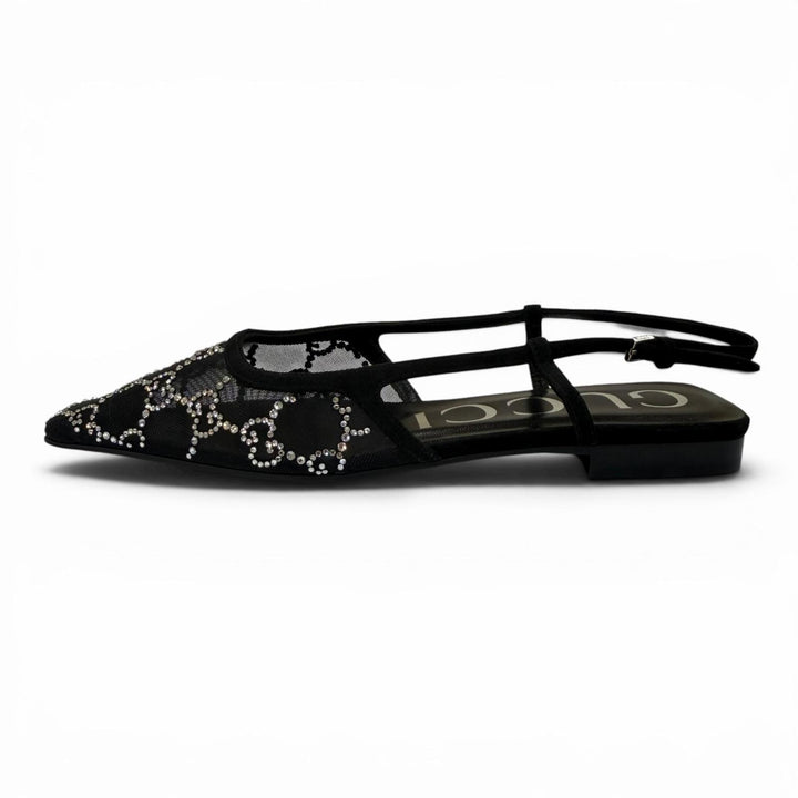 Pristine GUCCI pumps GG Crystal Slingback Flats black ー Women 35.5 771662