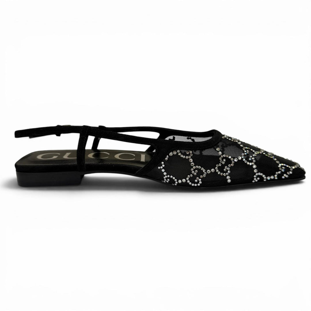 Pristine GUCCI pumps GG Crystal Slingback Flats black ー Women 35.5 771662