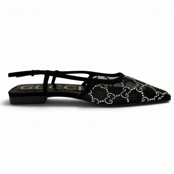 Pristine GUCCI pumps GG Crystal Slingback Flats black ー Women 35.5 771662