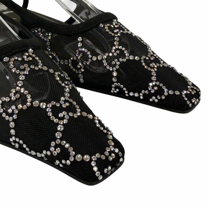 Pristine GUCCI pumps GG Crystal Slingback Flats black ー Women 35.5 771662