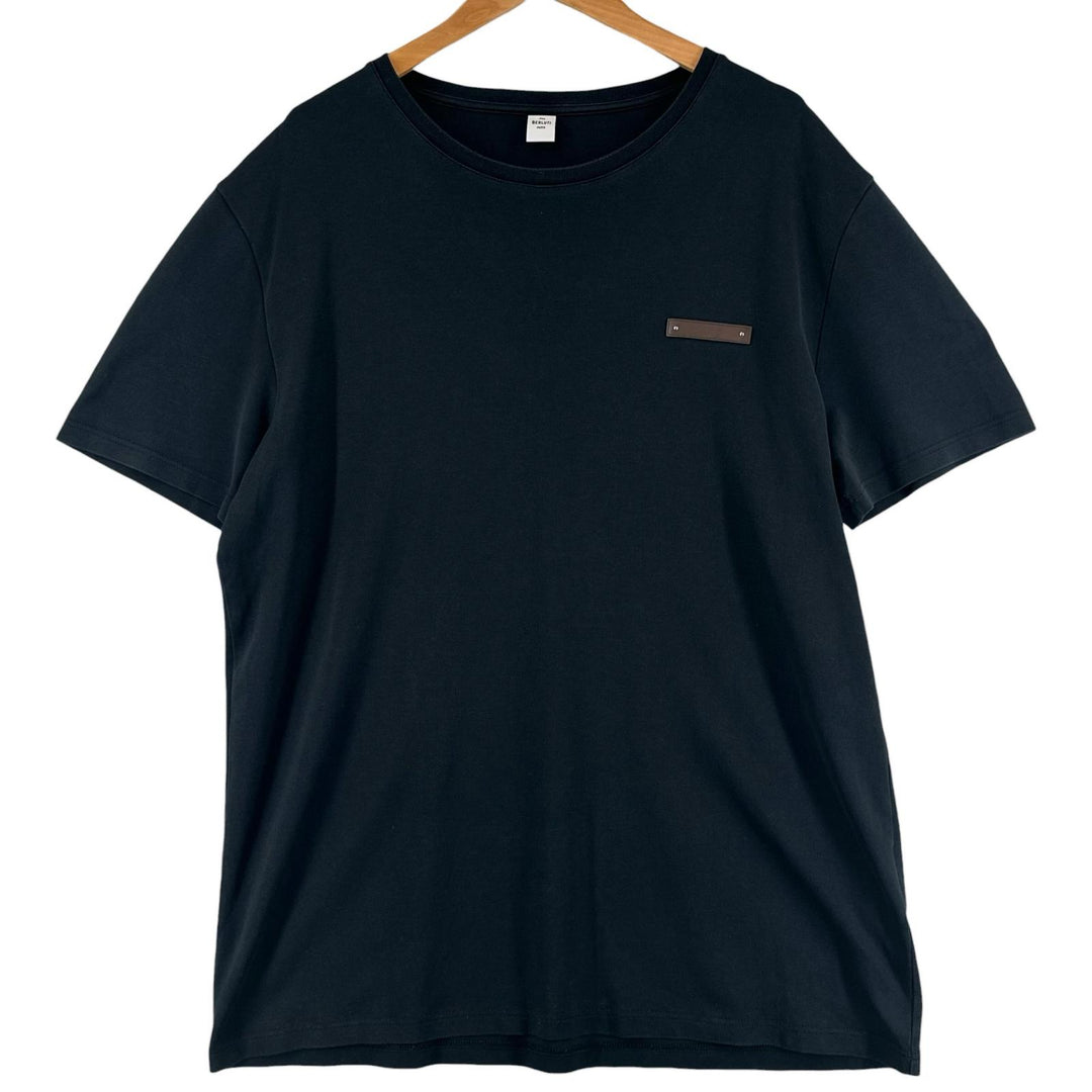Great BERLUTI Short sleeve T-shirt Leather patch crew neck Dark navy cotton mens