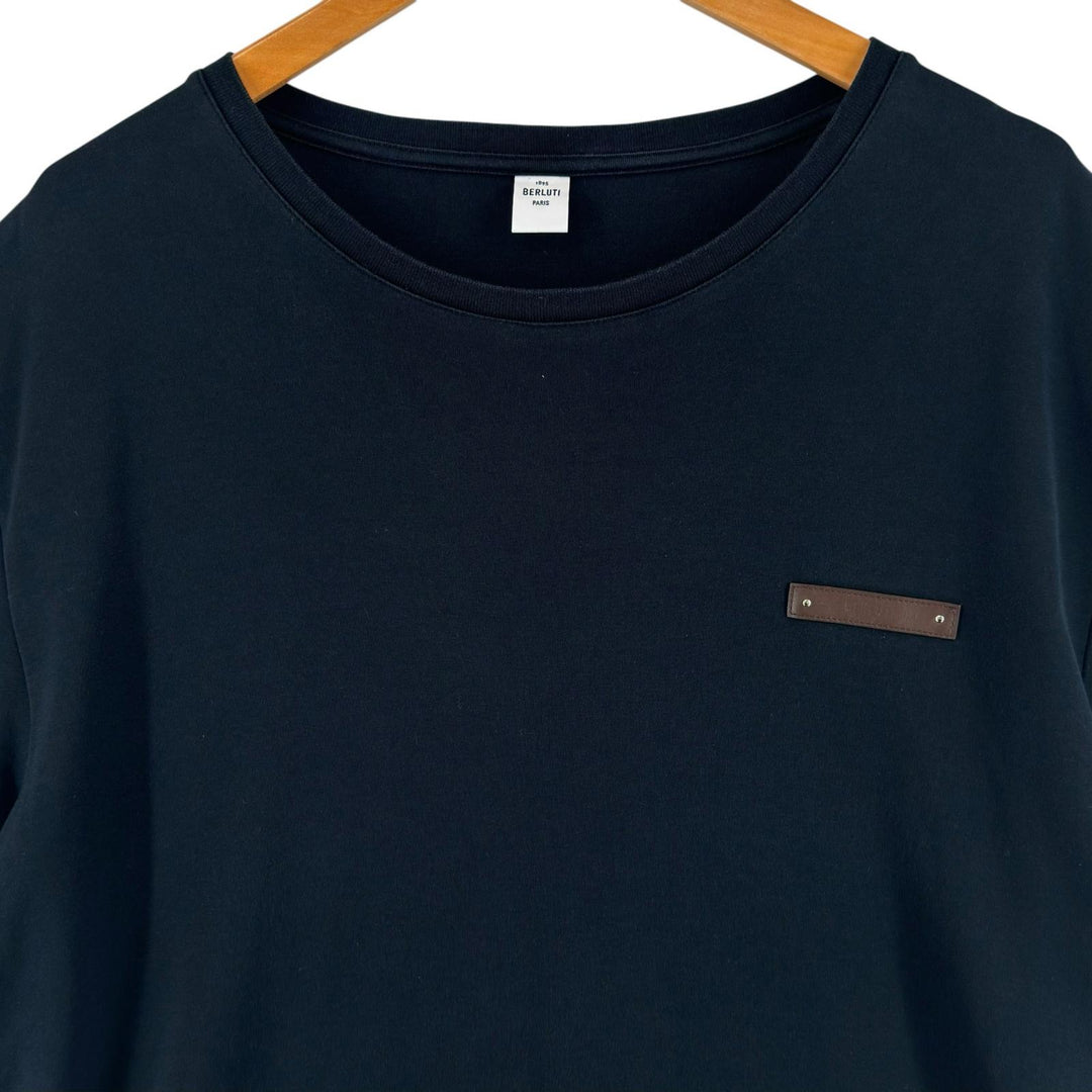 Great BERLUTI Short sleeve T-shirt Leather patch crew neck Dark navy cotton mens