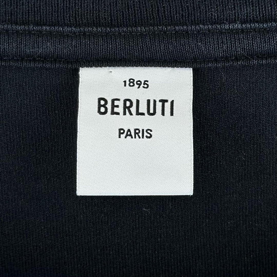 Great BERLUTI Short sleeve T-shirt Leather patch crew neck Dark navy cotton mens