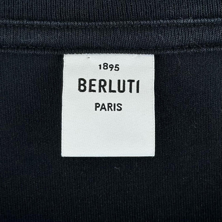 Great BERLUTI Short sleeve T-shirt Leather patch crew neck Dark navy cotton mens