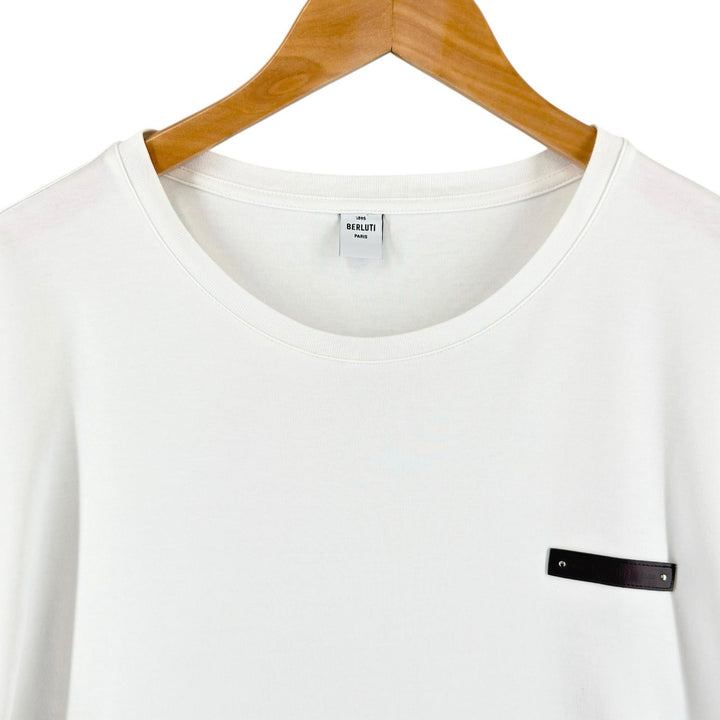 Great BERLUTI Short sleeve T-shirt Leather patch crew neck white cotton mens XL