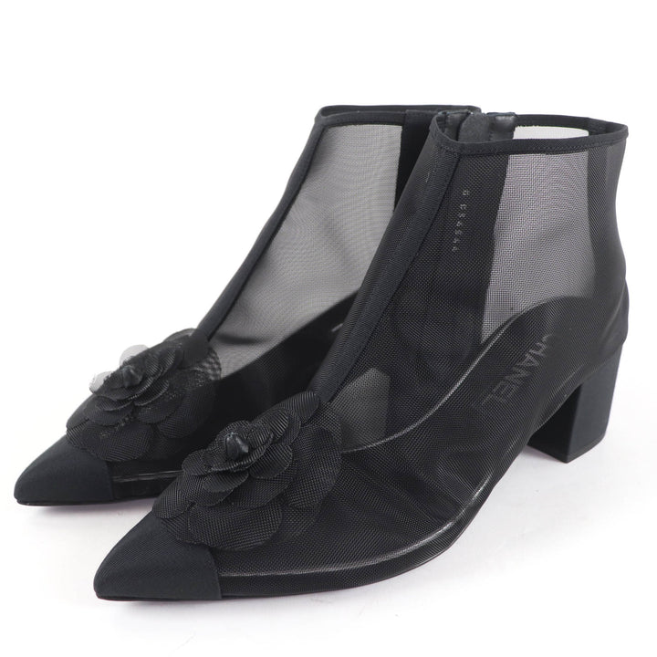 Pristine CHANEL Ankle boots COCO Mark Camellia Mesh Design black 38.5 G34544
